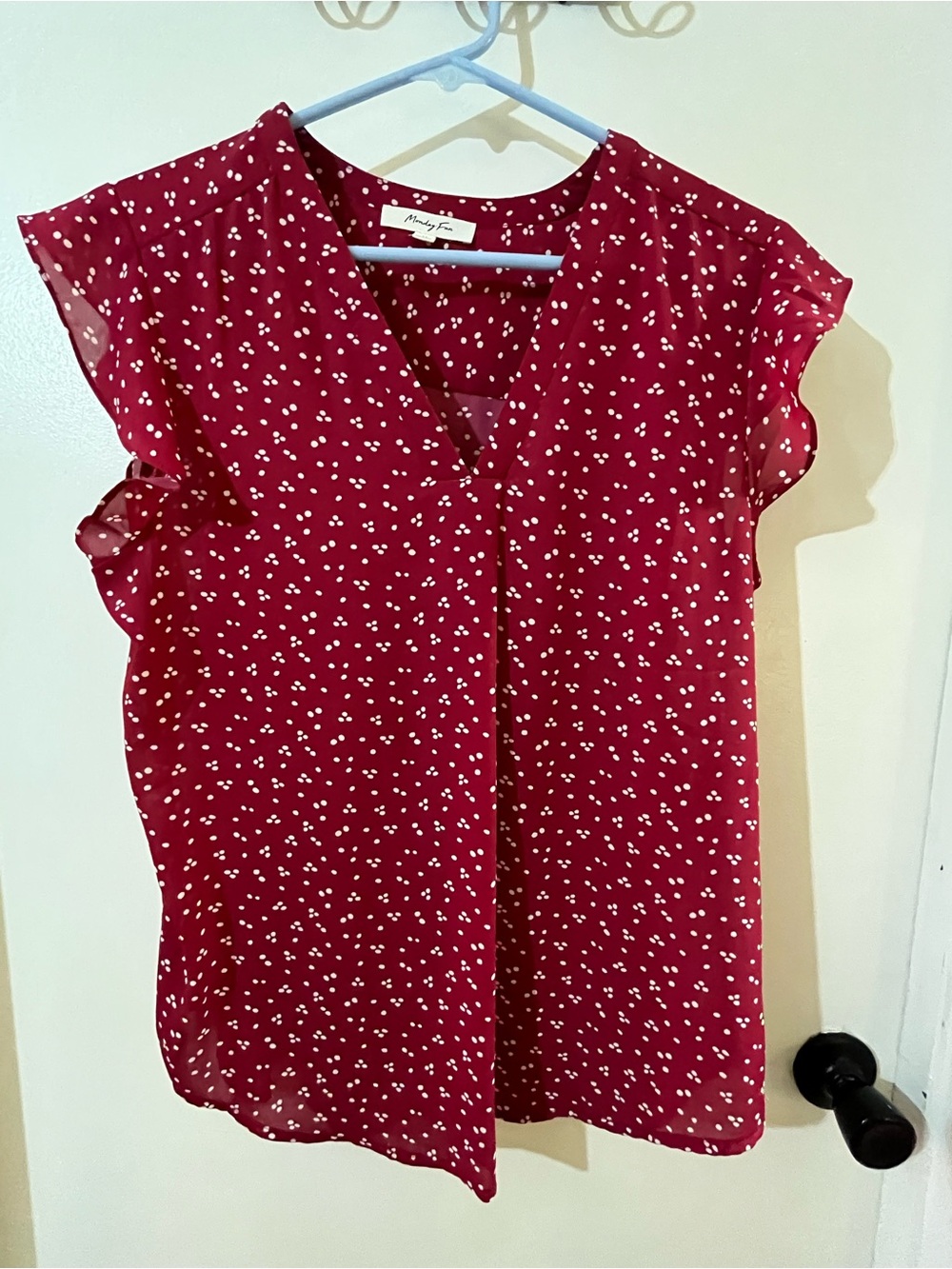 Mango Red V-Neck Cap Sleeve Polka Dot Blouse